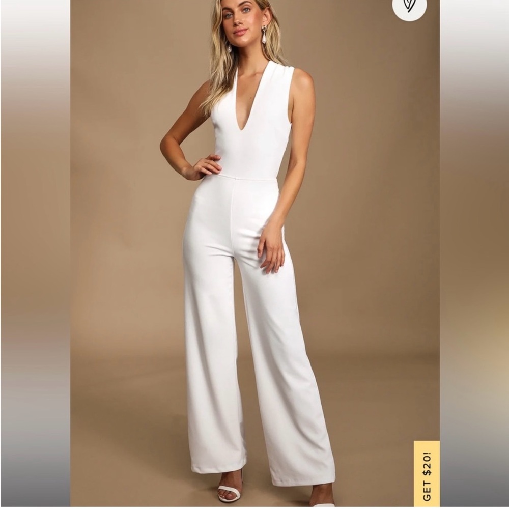 Lulu's Elegant White V-Neck Jumpsuit